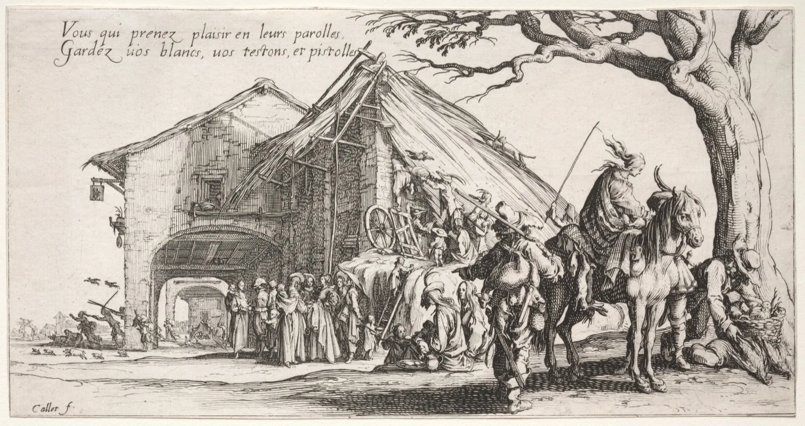 Aguafuerte de Jacques Callot, c. 1621: una adivina rodeada de gente en un campamento, mientras a un lado le vacían los bolsillos a un incauto