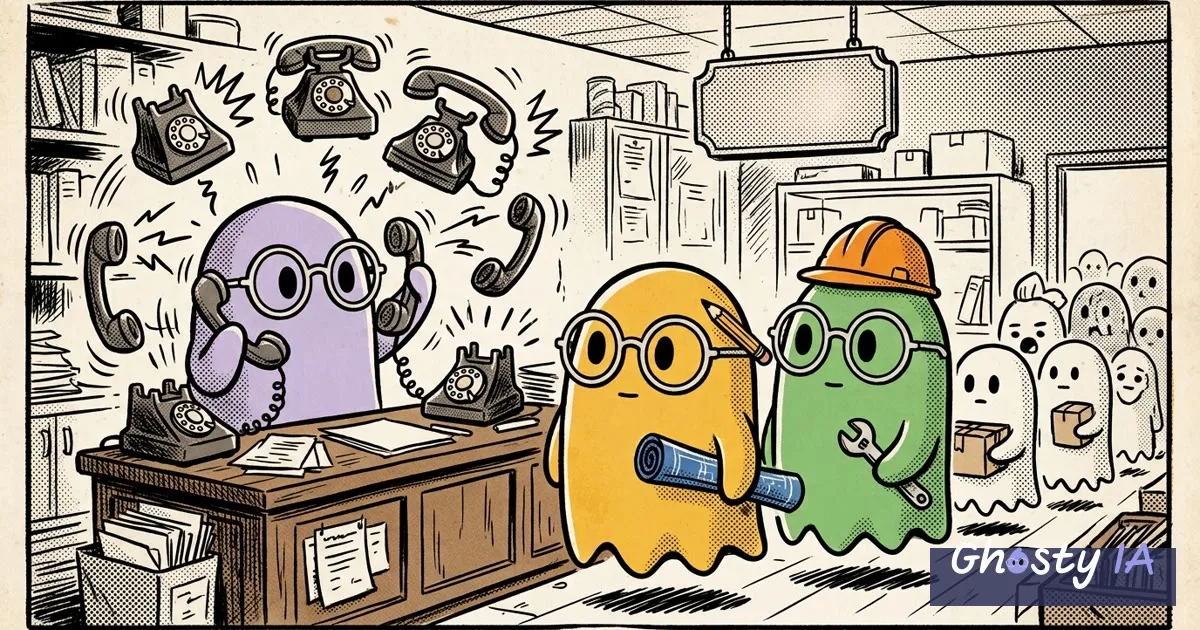 Tira cómica de periódico en la que un fantasma lila atiende un mostrador contestando cinco teléfonos de disco a la vez, con un fantasma amarillo con lentes y uno verde con casco a su lado y una fila de clientes enfrente