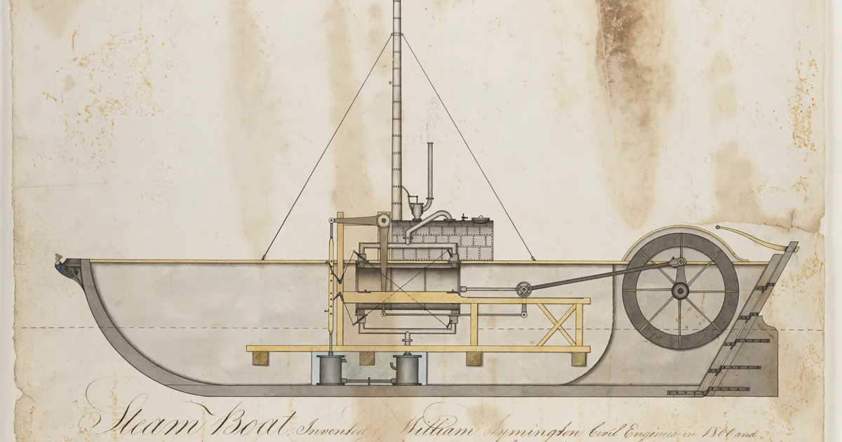 Plano de ingeniería a mano de 1801 del barco de vapor de William Symington, con caldera, biela y rueda de paletas