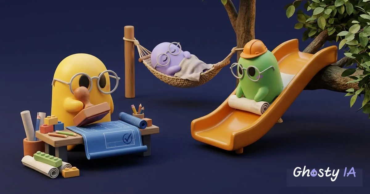 Ilustración en vinil 3D de un fantasma amarillo con lentes que estampa un sello de palomita sobre un plano, un fantasma verde con casco que baja por una resbaladilla montado en un rollo de planos y un fantasma lila que duerme en una hamaca
