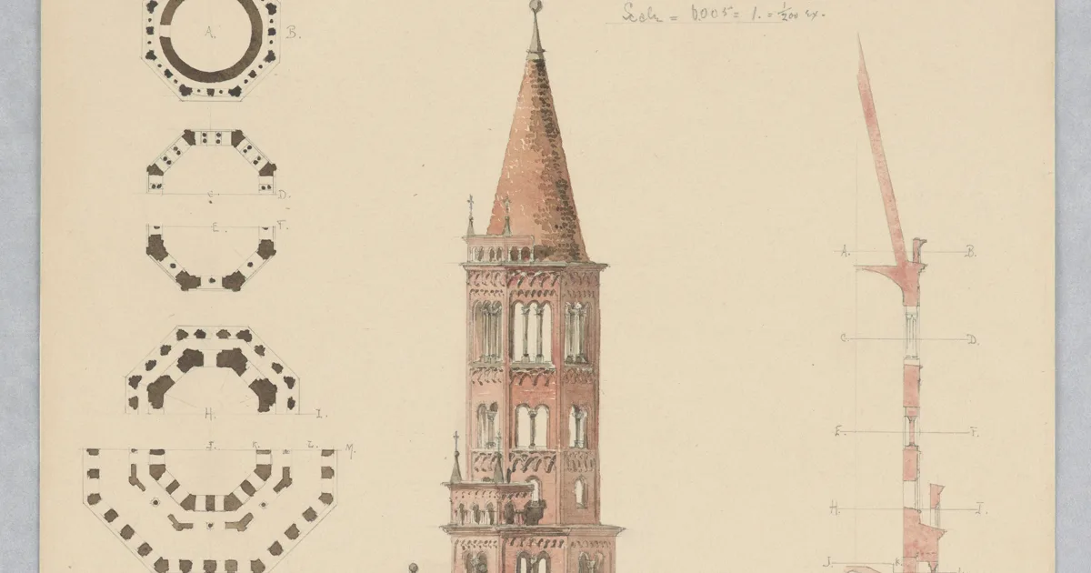 Dibujo a lápiz y acuarela de una torre de ladrillo con su campanario, rodeada de sus plantas octagonales por nivel a la izquierda y su corte vertical a la derecha