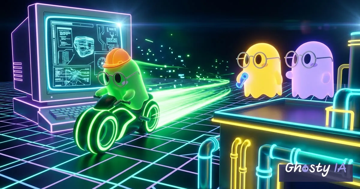 Ilustración de un fantasma verde con casco que corre en una moto de luz estilo Tron saliendo de la pantalla de una terminal retro hacia una fábrica de neón, mientras un fantasma amarillo con lentes mira desde el techo