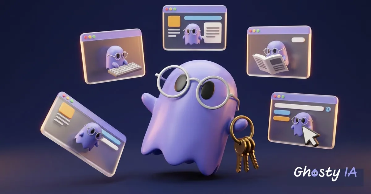 Ilustración en vinil 3D de un fantasma lila que hace malabares con ventanas de navegador, cada una con un fantasma pequeño trabajando adentro, y que lleva un llavero colgado