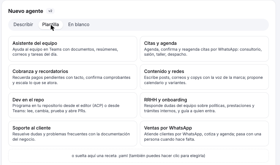 Plantillas: ocho recetas y la zona para soltar una receta .yaml